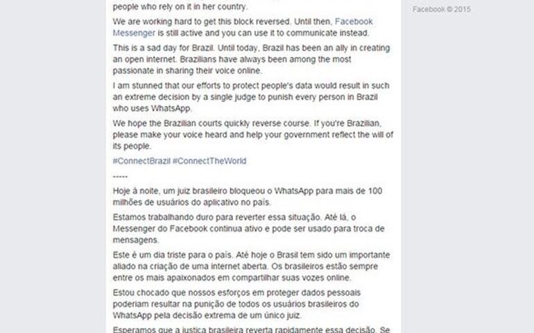 WhatsApp bloqueado: Zuckerberg diz que 'este é um dia triste' para o Brasil